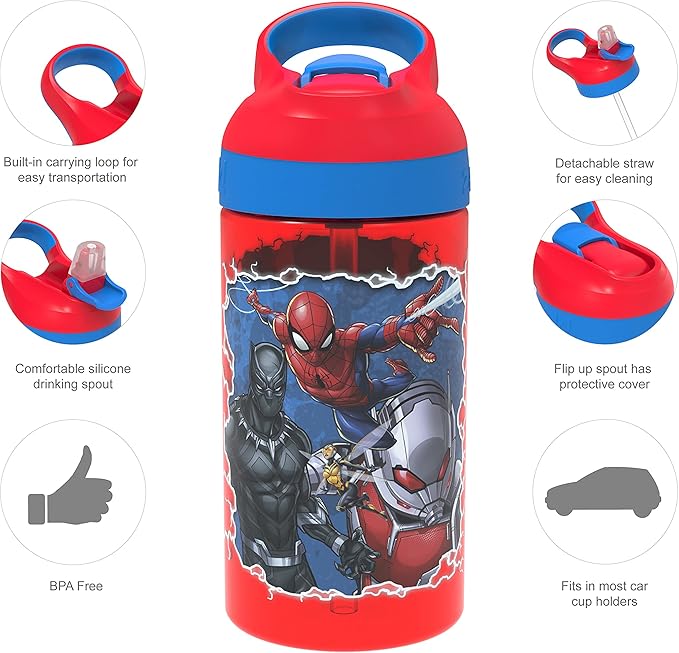 Zak Designs 5-Piece Dinnerware Set, Marvel Universe - Durable Plastic & Stainless Steel - Includes Water Bottle, 8-Inch Plate, 6-Inch Bowl, Fork & Spoon - Suitable for Kids Ages 3+