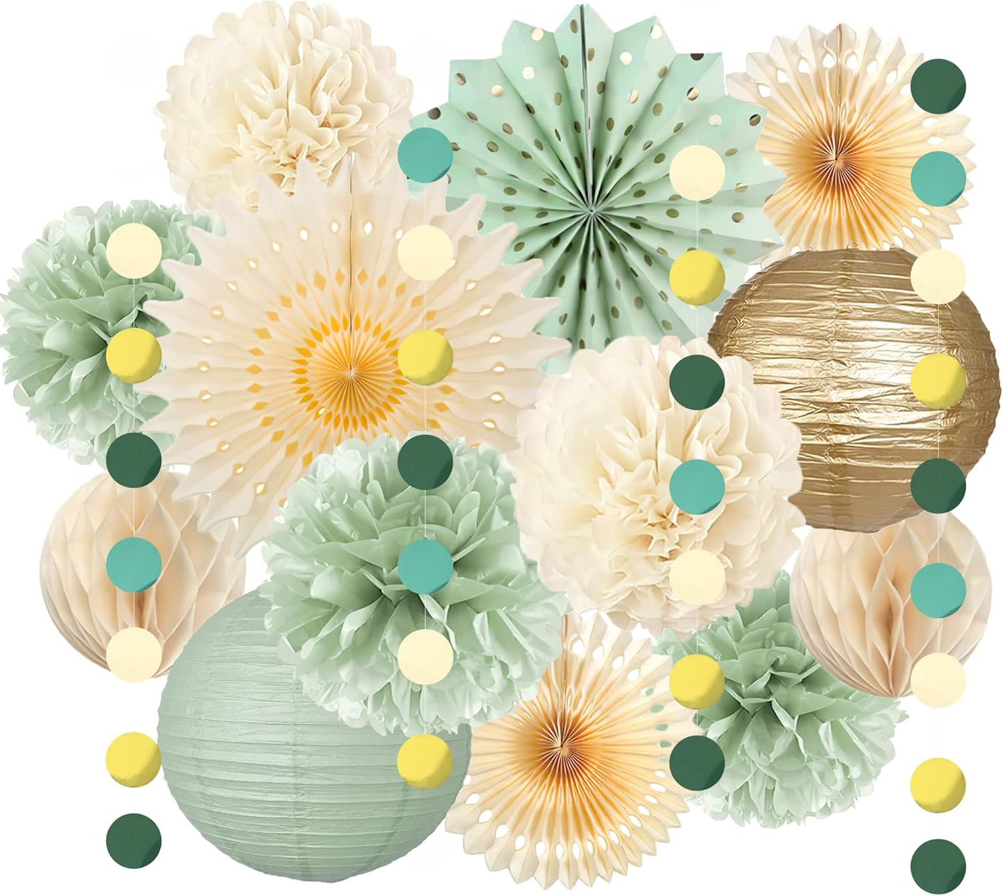 Sage Green Party Decorations Sage Green and Cream Paper Fans Paper Lanterns Pom Poms Flowers for Baby Shower Birthday Wedding Engagement Party