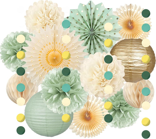 Sage Green Party Decorations Sage Green and Cream Paper Fans Paper Lanterns Pom Poms Flowers for Baby Shower Birthday Wedding Engagement Party