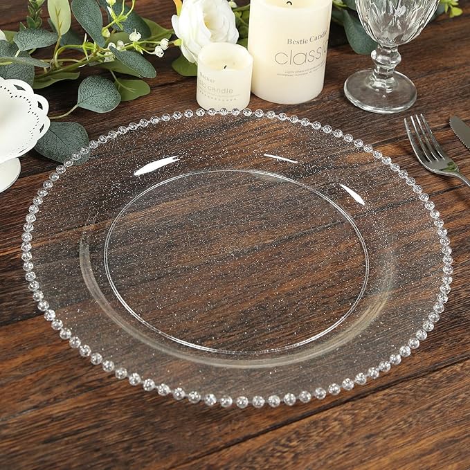 Efavormart 10-Pack Economy Plastic Charger Plates 13" Round Clear/Silver Glitter with Beaded Rim - Stylish Dinner Party Serving Plates