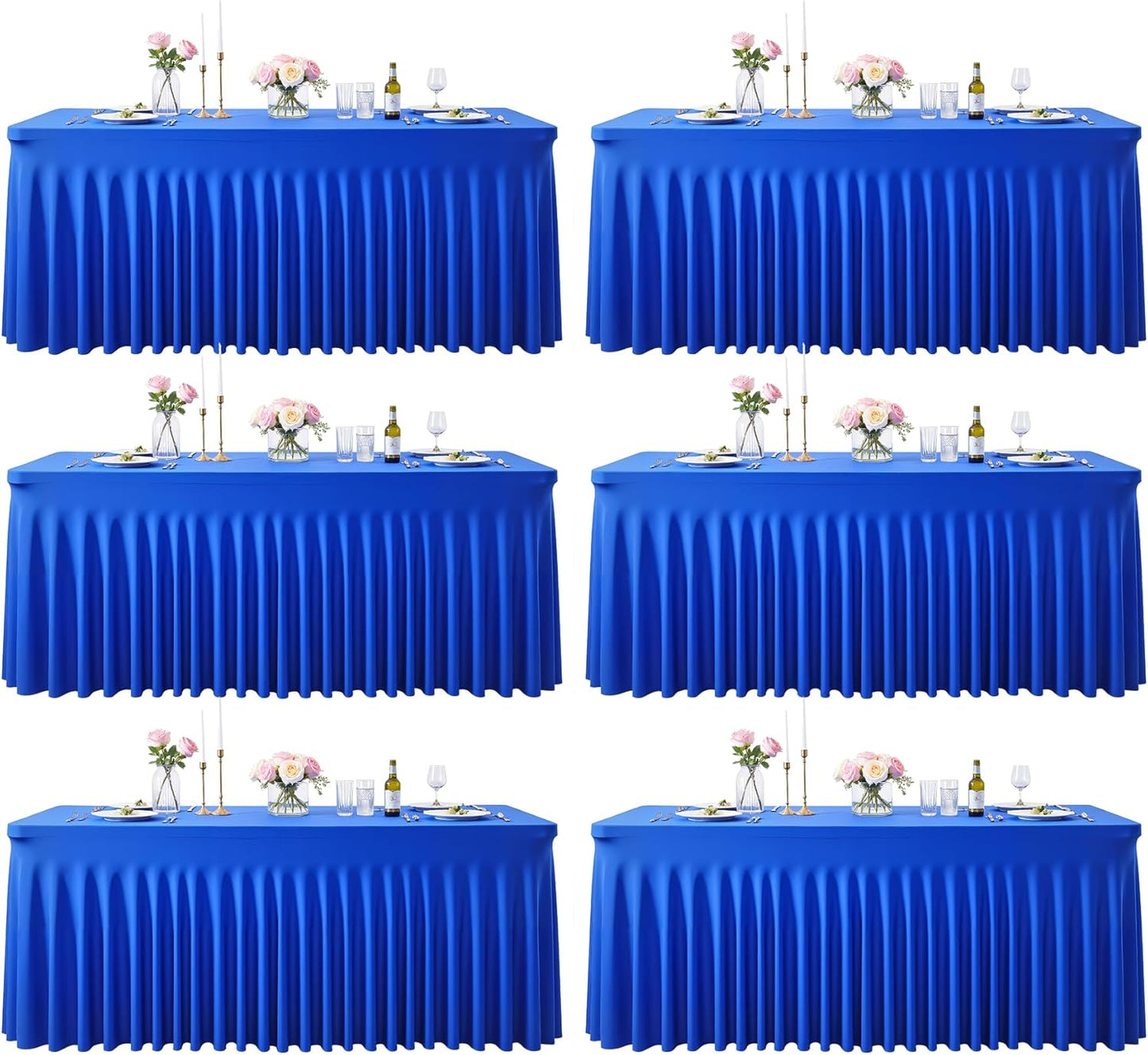 6 Pack 8ft Royal Blue Spandex Table Cloths for Rectangle Tables Wrinkle Free Rectangle Tablecloths, Stretch Fitted Table Cover with Skirt for Birthday Party Wedding Banquet Baby Shower Buffet Event