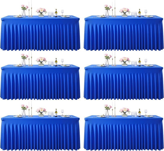 6 Pack 8ft Royal Blue Spandex Table Cloths for Rectangle Tables Wrinkle Free Rectangle Tablecloths, Stretch Fitted Table Cover with Skirt for Birthday Party Wedding Banquet Baby Shower Buffet Event