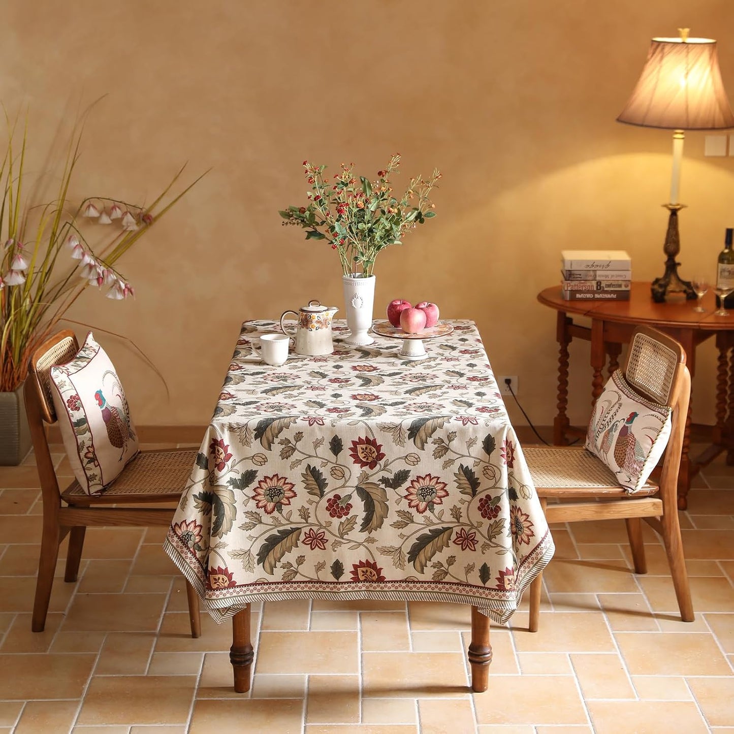 ISAENNE Designer Provence Floral Long Rectangular Tablecloth,Linen Colorful Washable Indoor Table Cloth,Durable Decor Tablecloths for Dining Thanksgiving Kitchen Christmas,63"*94"-Ratina