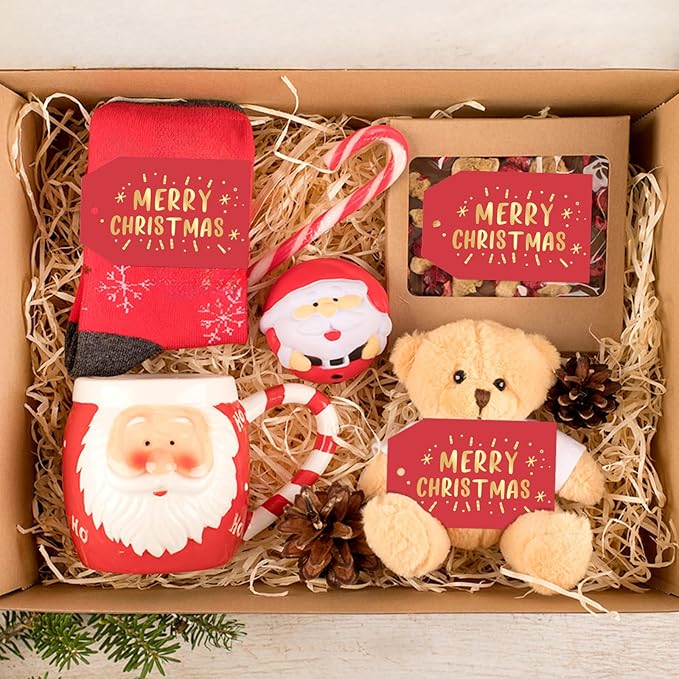 Anwyll Christmas Gift Tags with String - 50Pcs Gold and Red Merry Christmas Tags for Gifts Xmas Gift Tag Happy Holidays Hang Paper Label Tag for Present Wrapping Treat Goodie Bag Holiday Party Favors
