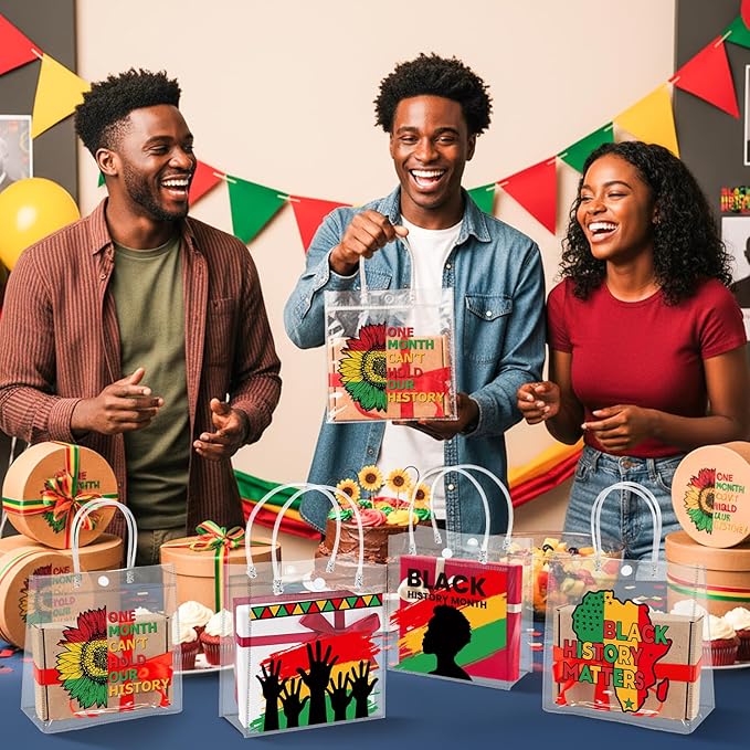 H1vojoxo Black History Gift Bags - 24PCS Black History Month Clear PVC Gift Bags With Handle for School Family Gathering Party Decorations Reusable Clear PVC Goodie Treat Bag for African Party Favors