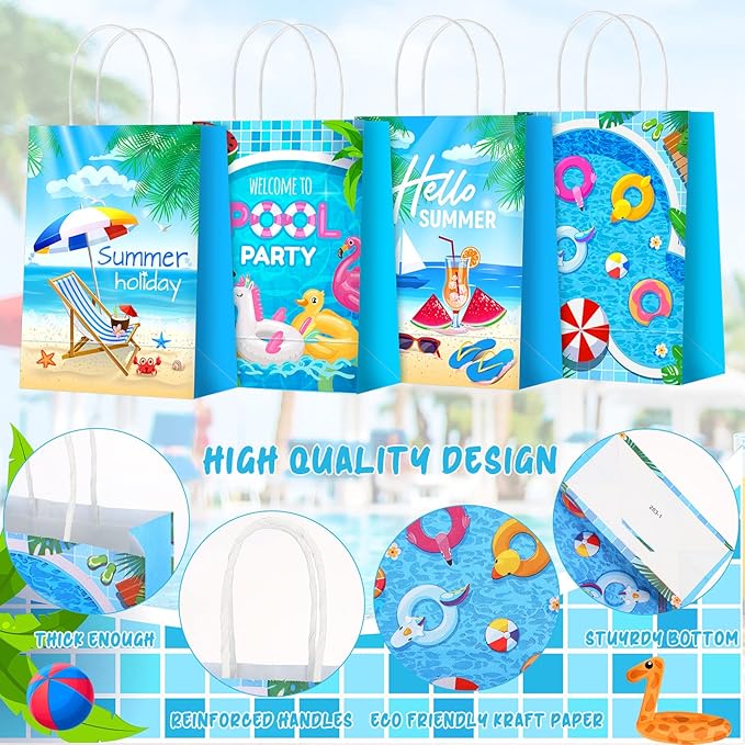 Outus 24 Pieces Summer Pool Party Favors Bags Beach Gift Goodie Paper Bags with Handles Beach Swimming Pool Candy Treat Pouch for Summer Hawaiian Luau Birthday Holiday Party Supplies