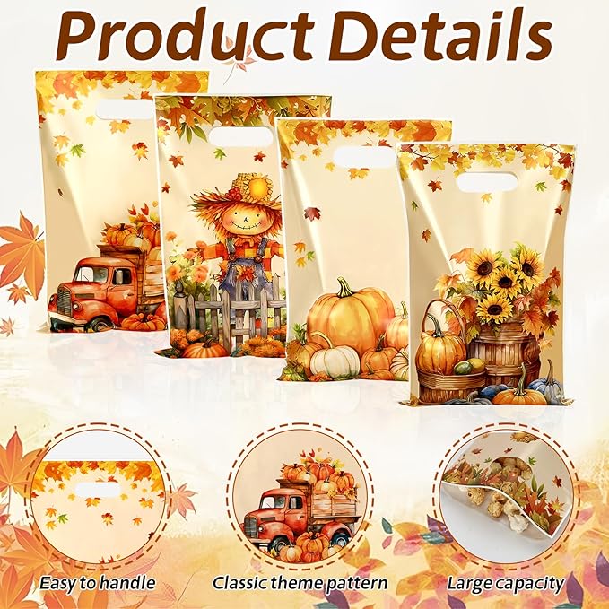 Fall Thanksgiving Treat Bags, 60 PCS Fall Thanksgiving Gift Bags with Handles, 9.8x6.5 Inch Plastic Maple Leaf Pumpkin Scarecrow Candy Goodie Cookies Bag for Falls Autumn Haverst Party Favor Supplies