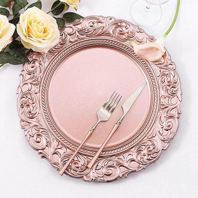 Efavormart Set of 6 ROSE GOLD 14" Round Plastic Charger Plates With Engraved Baroque Design Rim For Wedding Party Events
