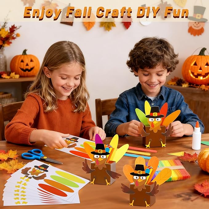 FULAIERGD 32 Set Fall Thankful Turkey Craft Kit - Fall DIY Turkey Paper Boxes Thanksgiving Turkey Jar Craft Gratitude Prayer Turkey Jar Christian Party Favor for Fall Activities Home Party Supplies