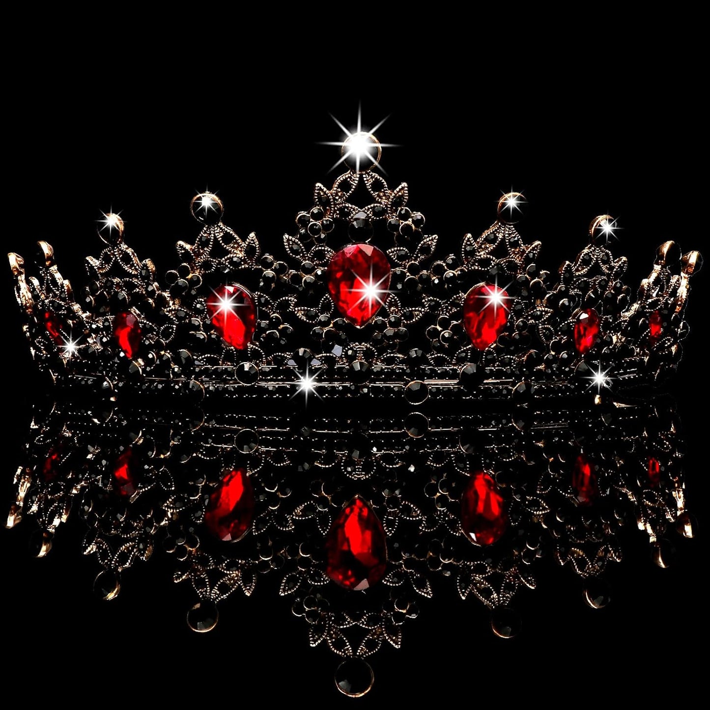 CAVETEE Black Crown for Women Halloween Party Favors Birthday Tiara Luxurious Red Rhinestones Crown Wedding Bridal Crown Birthday Party Princess Party Prom Black Tiaras and Crowns for Women Girls