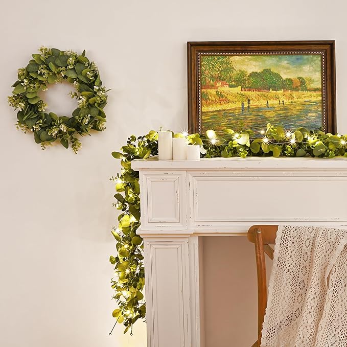 Dolicer 2 Packs 6FT Artificial Eucalyptus Garland with LED Light String, Faux Greenery Garland Hanging Fake Silver Dollar Eucalyptus Leaves Vines for Wedding Backdrop Arch Table Wall Party Home Decor