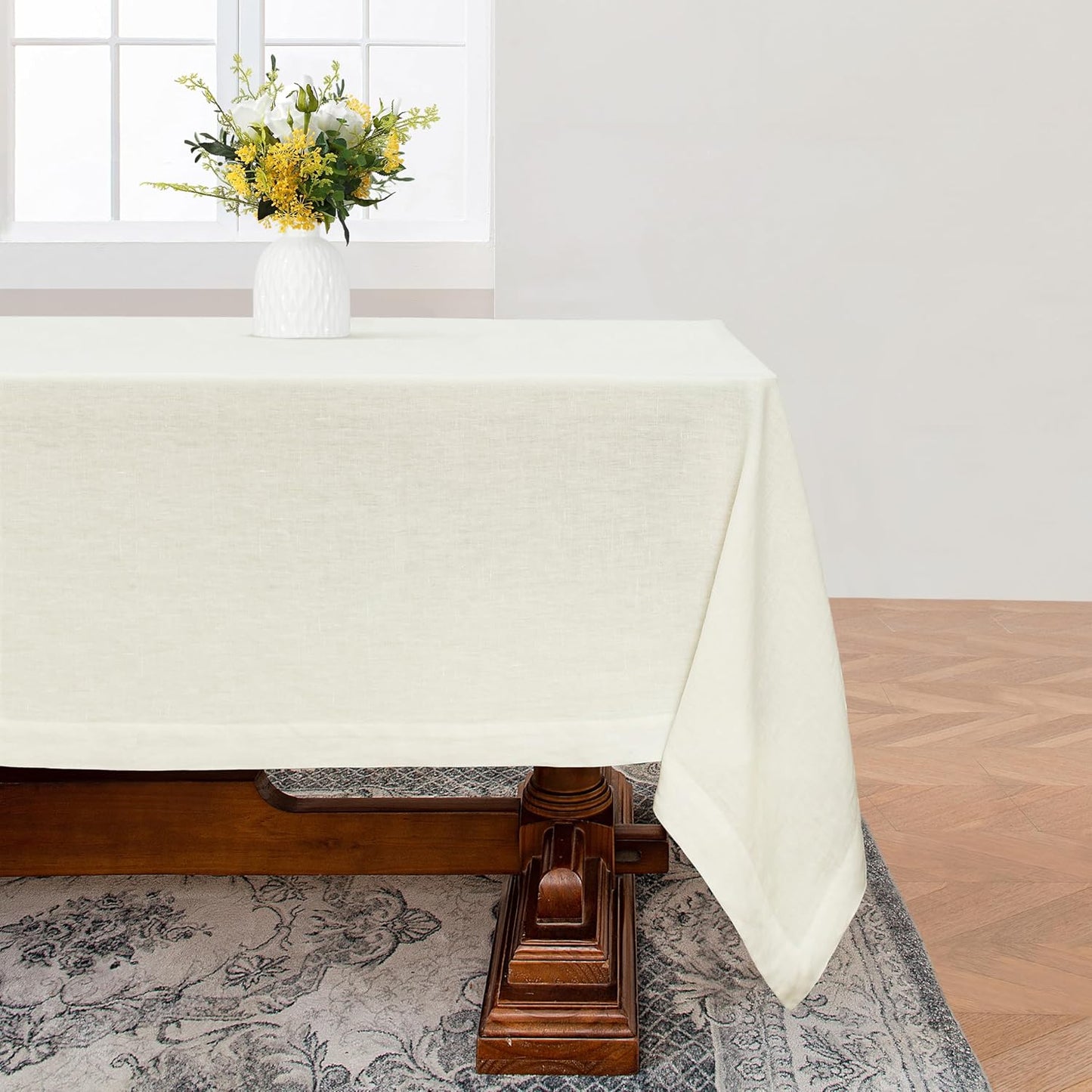 Linen World Linen Tablecloth,100% Pure Linen Cream Tablecloth 90" x 90" Inch,Washable Square Tablecloth for Dining,Outdoor,Weddings and Restaurants,Decorative Thanksgiving Christmas,Jacquard Weave