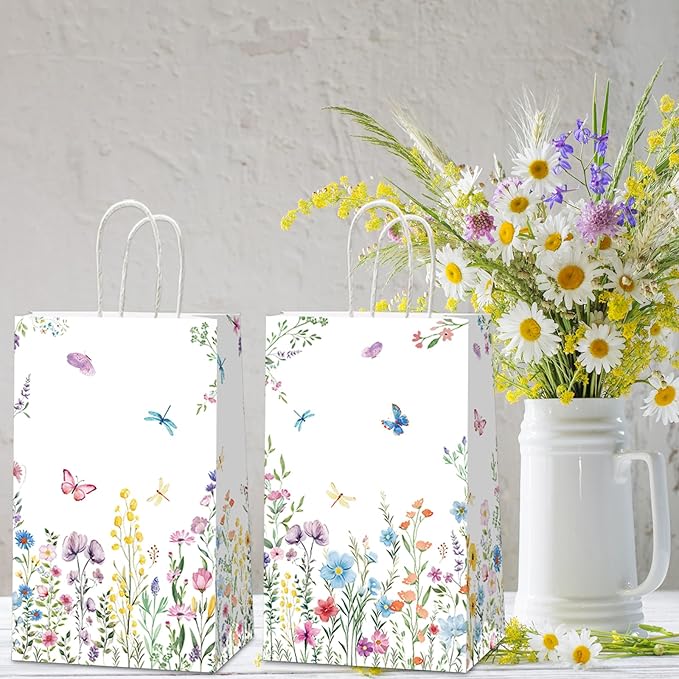 Naozinebi 24Pcs Floral Gift Bags Wildflower Party Favors Wedding Welcome bags Wildflower Candy Treat Bags with Handle Wild Floral Thank You Bags for Wedding Baby Shower Tea Birthday Party Supplies