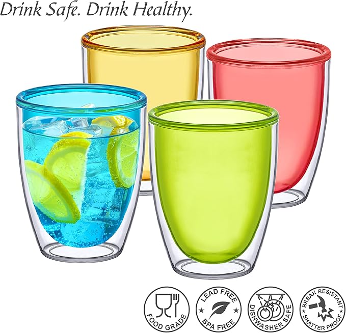 Amazing Abby - Andes - 14-Ounce Insulated Plastic Tumblers (Set of 4), Double-Wall Plastic Drinking Glasses, Mixed-Color Reusable Plastic Cups, BPA-Free, Shatter-Proof, Dishwasher-Safe