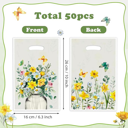 Bright Wildflower Party Favor Bags - 50Pcs Plastic Bright Wild Flowers Candy Treat Gift Bag with Handles Butterfly Snack Goodie Gift Sacks Wedding Birthday Party Supplies Baby Shower Decor