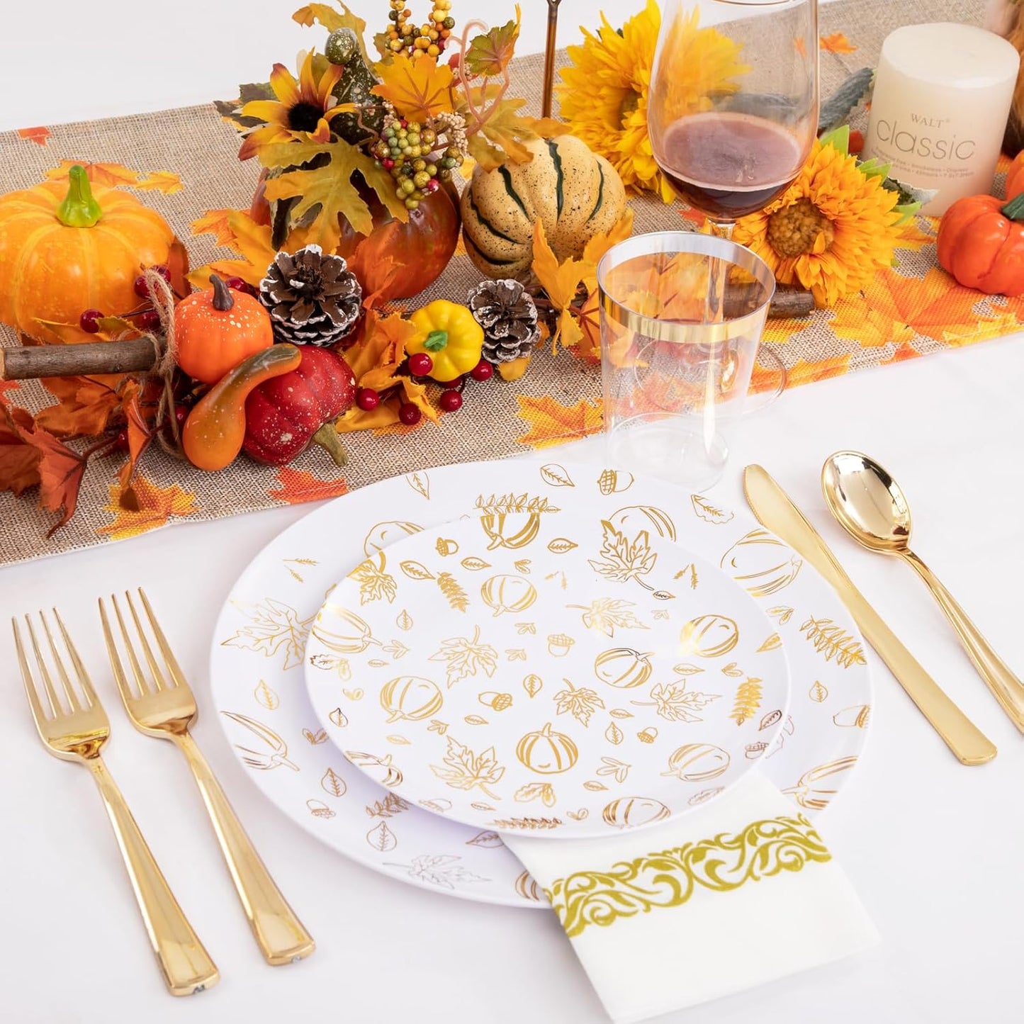 Supernal 175pcs Thanksgiving Plastic Dinnerware Set,Thanks Plates,Plastic Plates for Party,Gold Pattern Design,Gold Disposable Silverware,Disposable Cups and Napkins Perfect for Thanksgiving