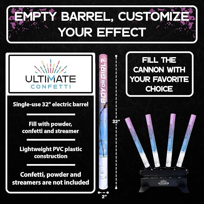 Ultimate Confetti - 32” Electric PVC Plastic Empty Barrel Popper cannon, Empty Single-Use Barrel for Confetti, Streamers or powder, Shoots 25–35 ft, Requires EC-1 or EC-4 Confetti Machine to Activate