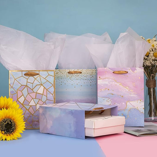 Loveinside Medium Size Gift Bags-Colorful Marble Pattern Gift Bag with Tissue Paper for Shopping, Parties, Wedding, Baby Shower, Craft-4 Pack-7" X 4" X 9"