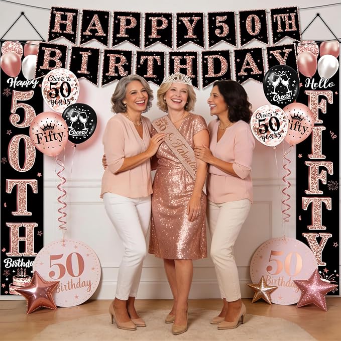 50th Birthday Decorations for Women, 38-Piece Black and Rose Gold 50 Years Old Party Supplies with Backdrop, Honeycomb Centerpieces, Banner, Hanging Swirls, Porch Banner, Balloons, Sash, Crown