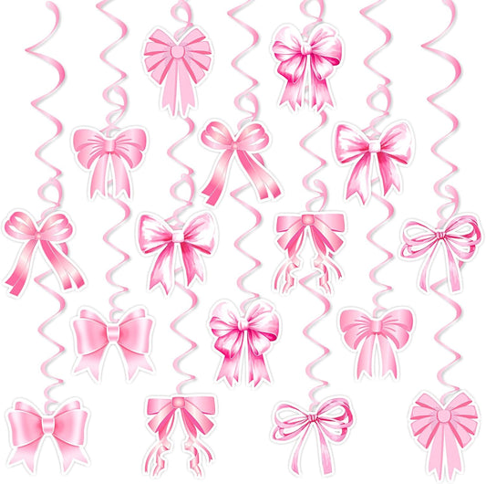Pink Bow Birthday Decorations, Kaluofan 32PCS Pink Bow Hanging Swirls Set, Bow Party Decorations for Girl Birthday Wedding Valentine's Day Dance Party Favor Supplies