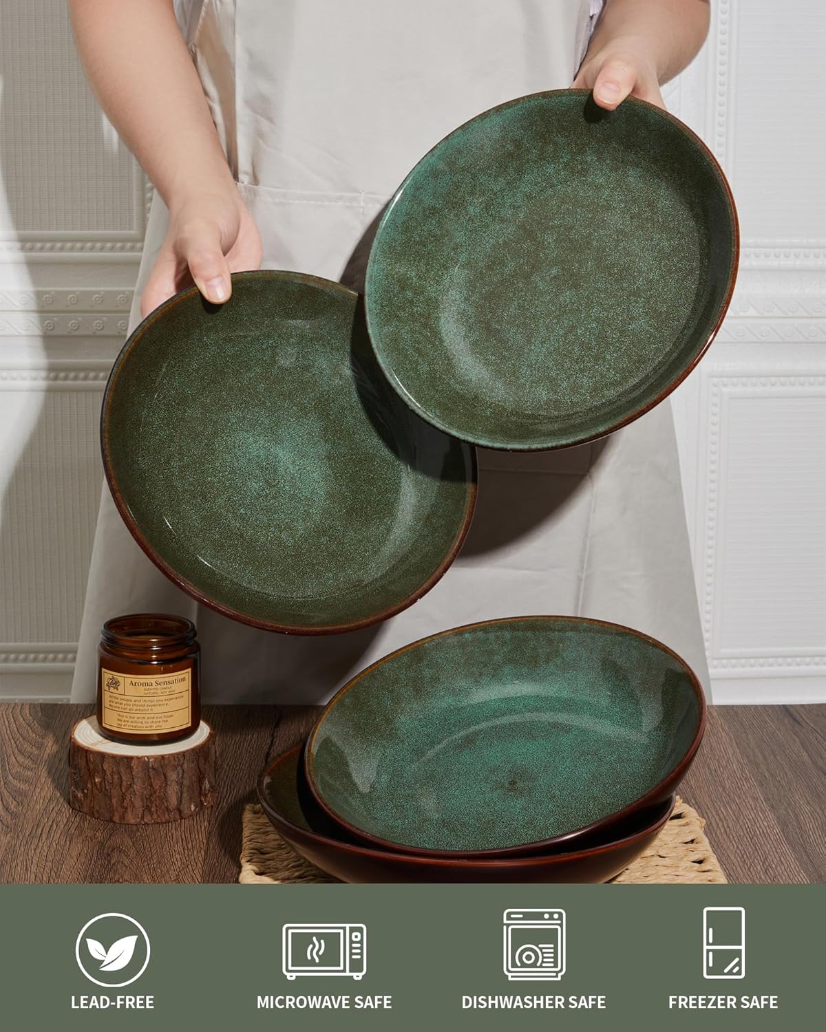 Stoneware Pasta Bowls Set of 6, 8.75 Inch Ceramic Bowl Set 32 Oz, Microwave & Dishwasher Safe Bowl Plates, Large Salad Bowl for Serving Soup, Pasta, Noodle, Dinner, Brown Green