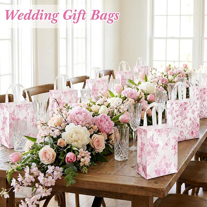 Wovnet 30 Pcs Pink Floral Gift Bags Bulk Reusable Non Woven Vintage Floral Tote Treat Goodie Candy Bags with Handles Spring Flowers Party Favors Pouch for Bridal Shower Wedding 10 x 8 x 4 Inch