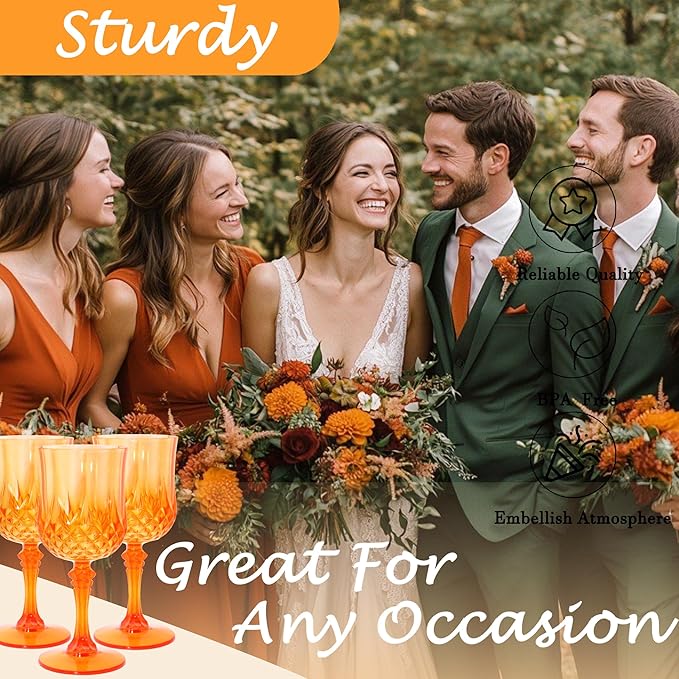 Plastic Wine Glasses, Plastic Goblets Vintage Style Cordial Unbreakable Drinking Glasses, Reusable Drinkware for Wedding Reception, Grand Event Party Supplies, Easter (48, Pumpkin orange)