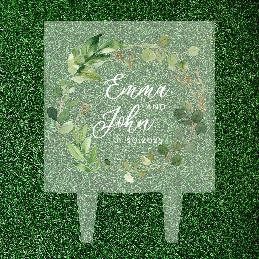 Andaz Press Eucalyptus Wreath Custom Wedding Cake Topper, Acrylic Square Personalized Couple Cake Topper