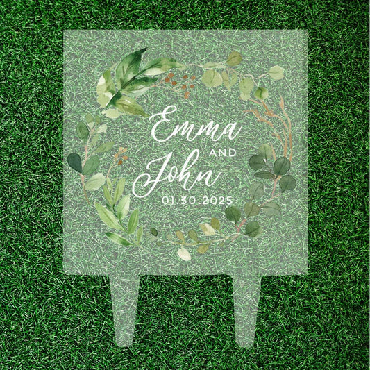 Andaz Press Eucalyptus Wreath Custom Wedding Cake Topper, Acrylic Square Personalized Couple Cake Topper