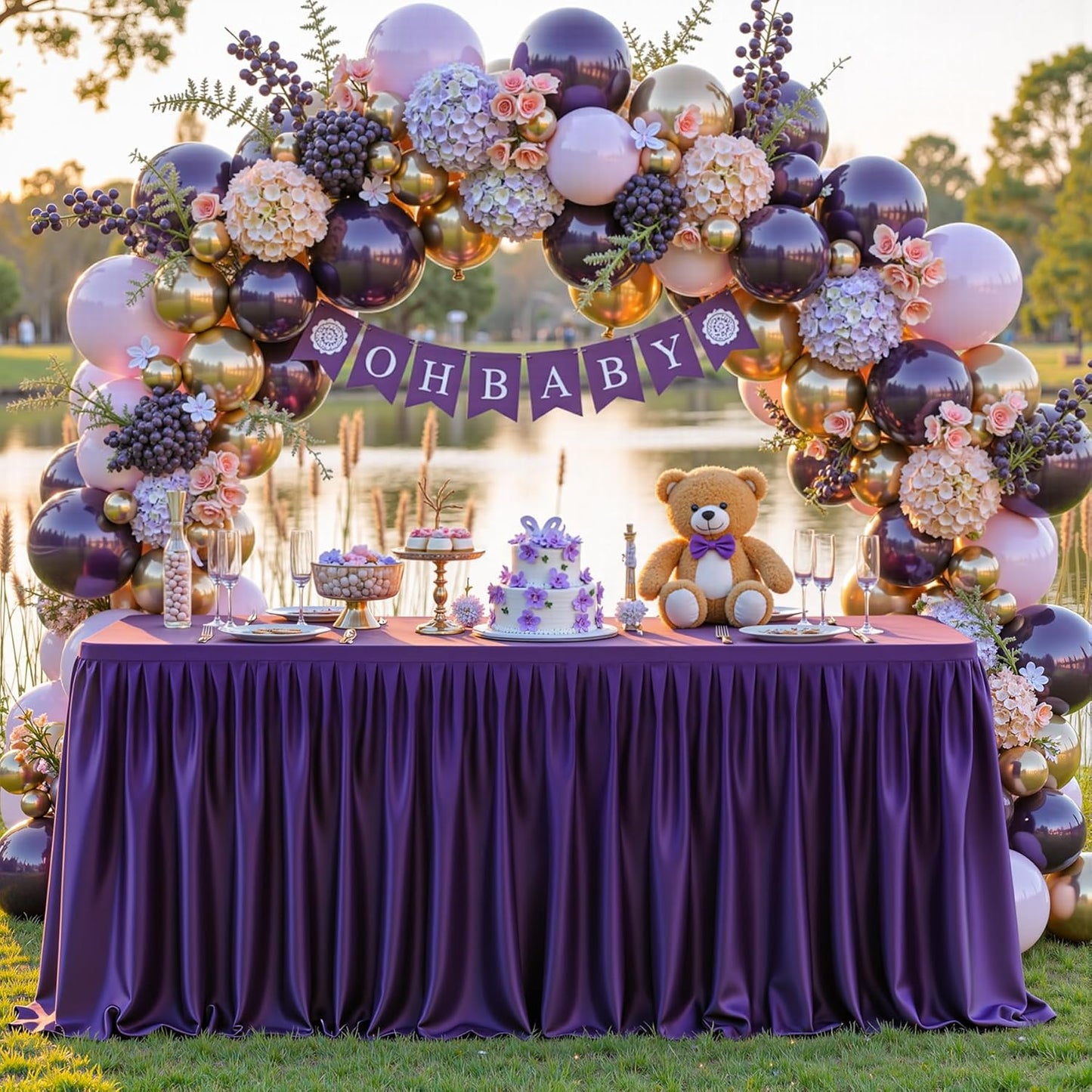 Dark Purple Polyester Table Clothes for 4 Foot Rectangle Tables, Wrinkle Free Fitted Table Cover with Pleated Ruffle Table Skirt for Birthday Party Wedding Trade Show Event Display