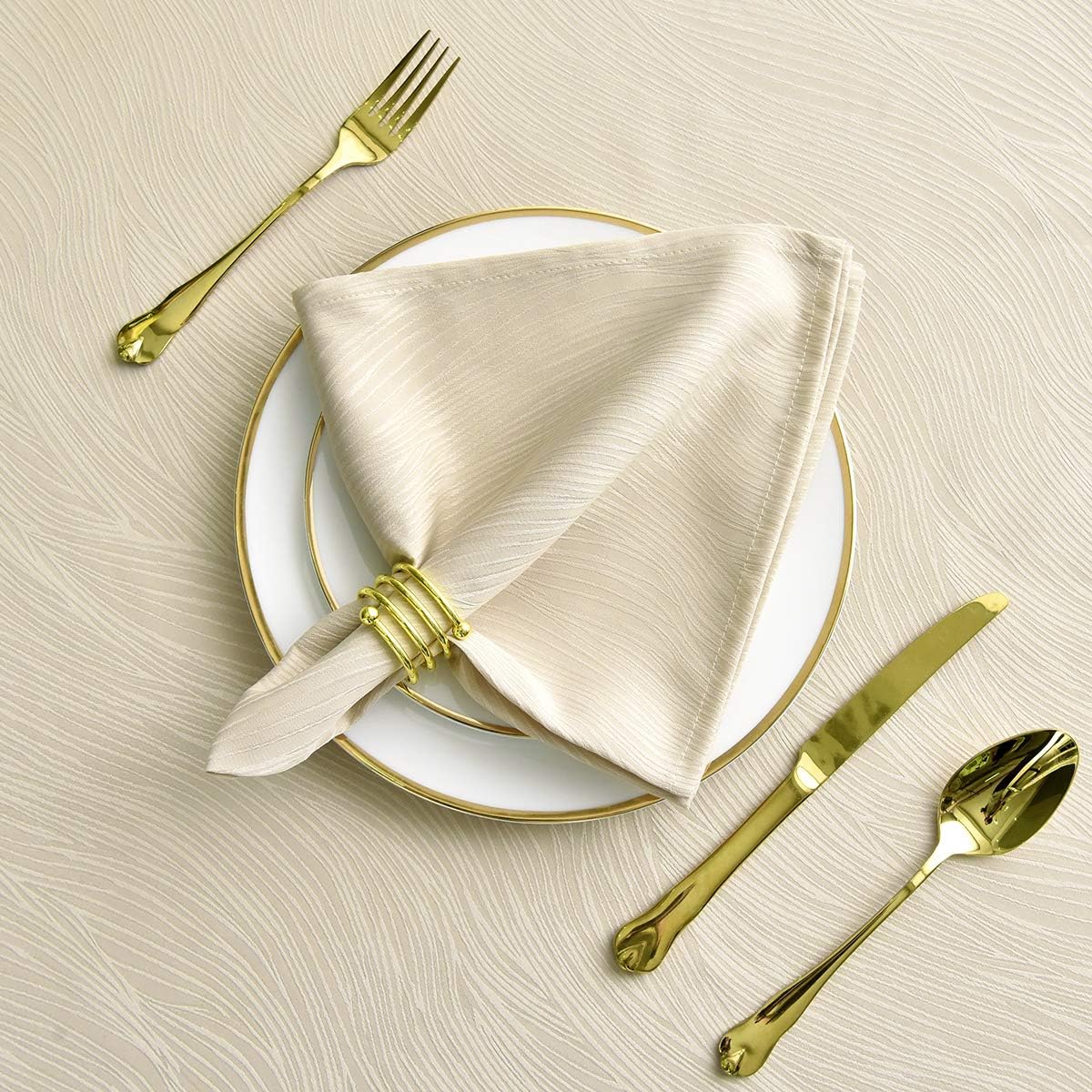 maxmill Jacquard Cloth Napkin 20 x 20 Inch Swirl Pattern Solid Washable Polyester Dinner Napkins Set of 4 Pieces with Hemmed Edges for Family Holiday Dinners Weddings Parties and Banquets Beige