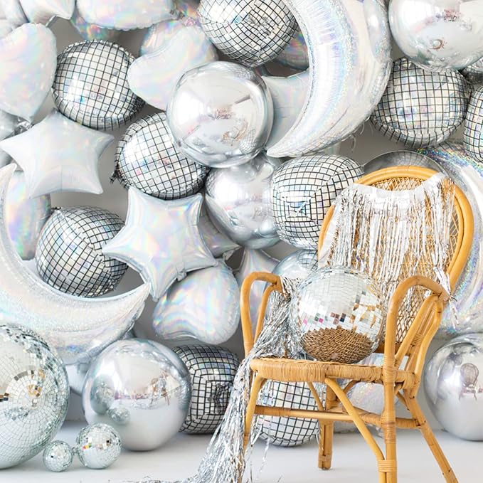 PartyWoo Silver Disco Ball Foil Balloons 6pcs 22 Inch Large Round Foil Big Giant 4D Jumbo Inflatable Mirror Ball Mylar Balloons for Graduation Birthday Engagement Space Themed Party Decorations