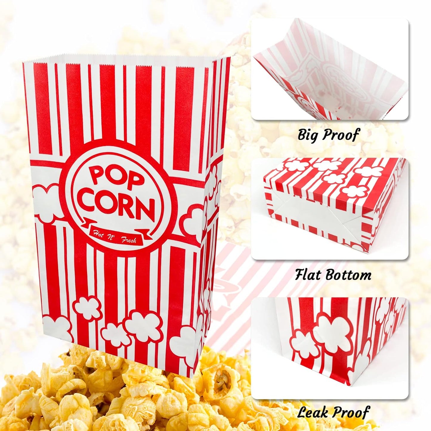50 Pcs Flat Bottom Popcorn Bags, 2 oz Paper Popcorn Bags for Family Movie Night Baseball Themed Carnival Christmas Birthday Party