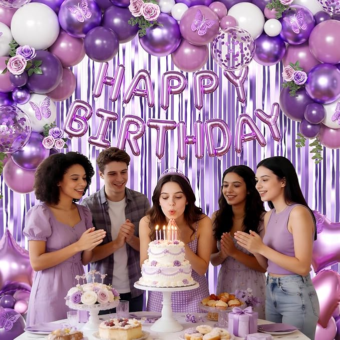 Purple Birthday Decorations for Women Girls, Metallic Dark Dusty Purple White Purple Foil Confetti Balloons Happy birthday Banner Purple Butterfly Fringe Curtains Birthday Decorations