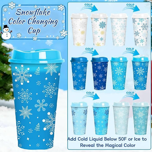 Jansun 12pcs Christmas Winter Snowflake Color Changing Cups with Lids, 16Oz Reusable Plastic Coffee Cups for Holiday Birthday Party Favors Supplies
