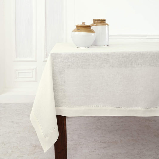 Solino Home Linen Tablecloth 60 x 120 Inch - Classic Hemstitch 100% Pure Linen Ivory Table Cloth for Rectangle Tables - Machine Washable Tablecloth for Fall, Autumn, Thanksgiving, Christmas, Holiday