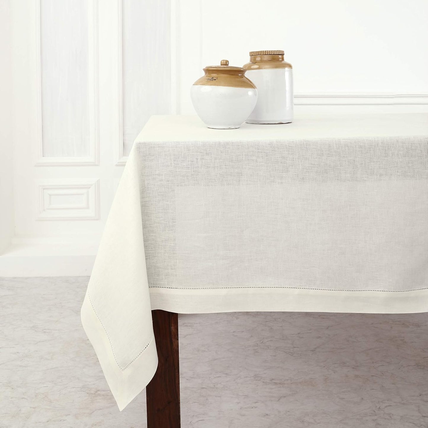 Solino Home Ivory Linen Tablecloth 60 x 90 Inch - 100% Pure Linen Hemstitch Table Cloth for Rectangle Tables - Classic Hemstitch, Machine Washable Tablecloth for Fall, Thanksgiving, Christmas, Holiday