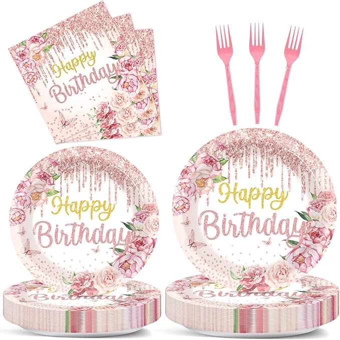 96Pcs Happy Birthday Party Supplies Floral Birthday Paper Plates Napkins Rose Gold Flower Birthday Party Decorations for Girls Women Floral Dinnerware Party Favor Spring Tea Tableware Serves 24