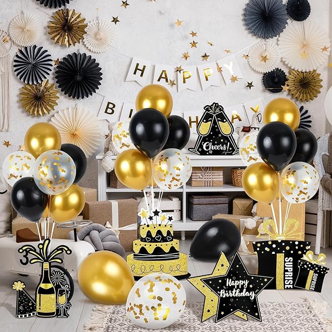 6 Sets Balloon Stand Kit for Table Happy Birthday Black Gold Balloon Centerpiece Decor Black and Gold Balloon Stand Kit for 40th 50th 60th 70th Birthday Party Decoration