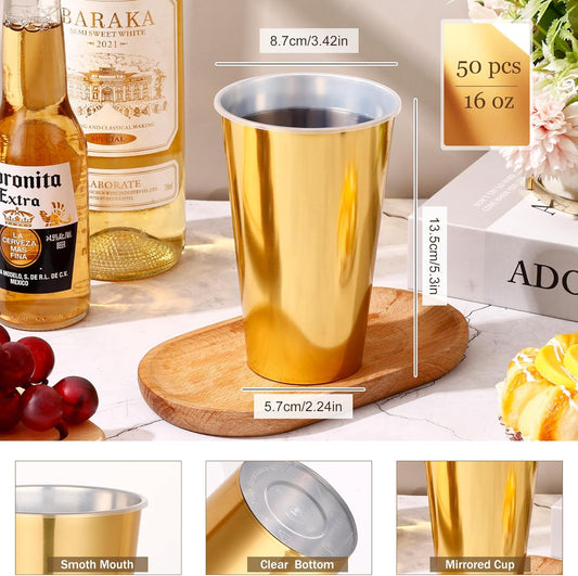 KesaPlan 50PCS Gold Plastic Cups, 16oz Disposable Plastic Tumblers for Party, Fancy Mirorred Golden Cups Bulk for Hot Cold Drinks, Disposable Drinking Glasses for Wedding Birthday Holiday Events