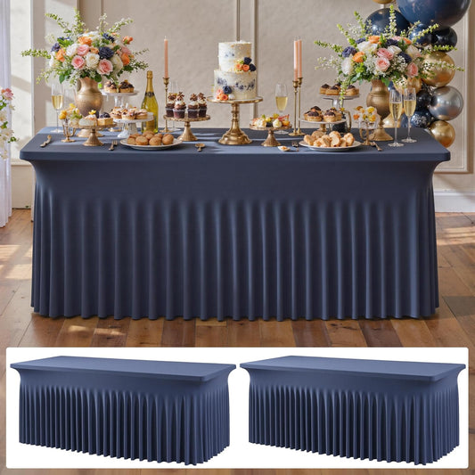 2 pk Navy Blue Spandex Tablecloth 6ft With Ruffle Table Skirt, Wrinkle Free Stretchy Fitted Tablecloths for 6 Foot Rectangle Tables, Elastic Spandex Table Covers 6ft for Weddings Parties Banquet Craft