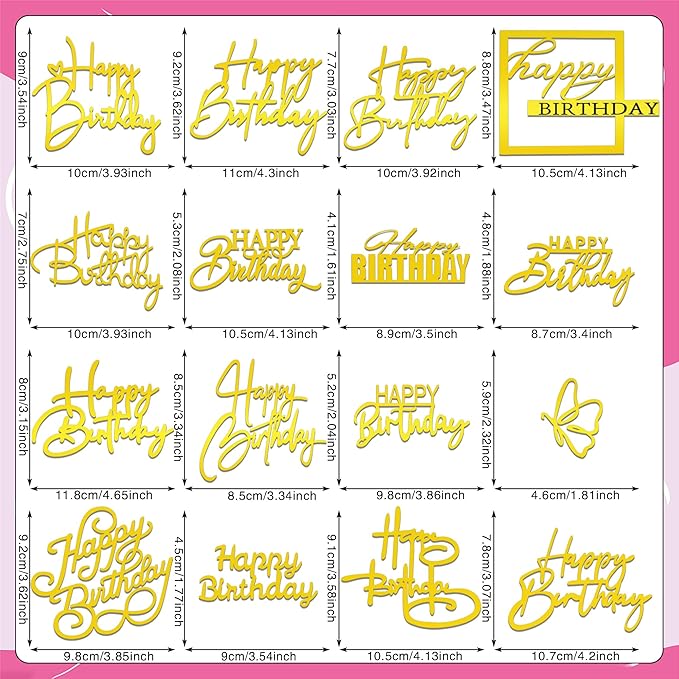 15Piece Gold Happy Birthday Cake Toppers Acrylic Mirror Inserts for Cakes Cupcakes Desserts 15 Styles