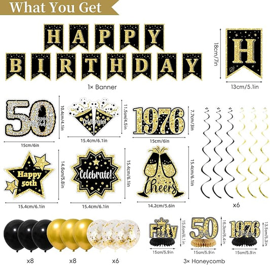 50th Birthday Decorations for Men, Black Gold Back in 1976 Party Supplies with Banner, Backdrop, Sash, Balloons, Cake Topper, Honeycomb Decorations, Happy 50 Year Old Birthday Decor Kit
