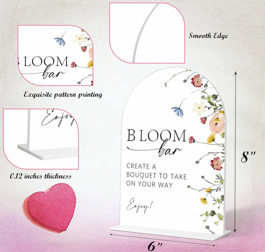 Bloom Bar Sign, Flower Style Bridal Shower Sign for Wedding, Engagement, Bridal Shower and Reception, Bridal Shower Decorations, Wedding Shower Favors, 6X8 Inch Acrylic Arch Sign with Stand,25