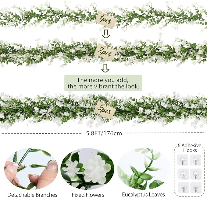 RECUTMS Faux Eucalyptus Garland Plant Fake Vines, Artificial Hanging Eucalyptus Leaves Greenery Vines for Wedding Backdrop Arch Wall Party Home Bedroom Decor Indoor Outdoor(White)