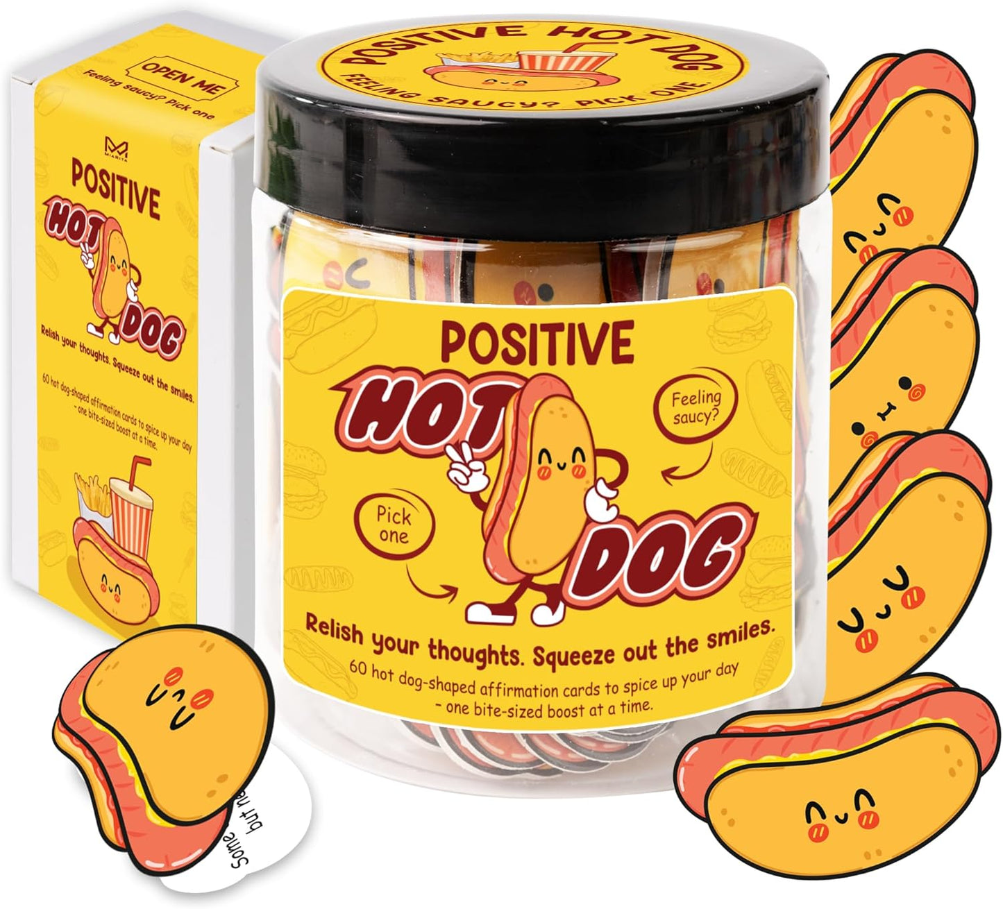 Positive Hot Dog Jar, Emotional Supports Jar, 60 Affirmation Cards Cheer Up Funny Gag Gifts for Best Friend Birthday Women Teacher, Feel Better Gifts for Women