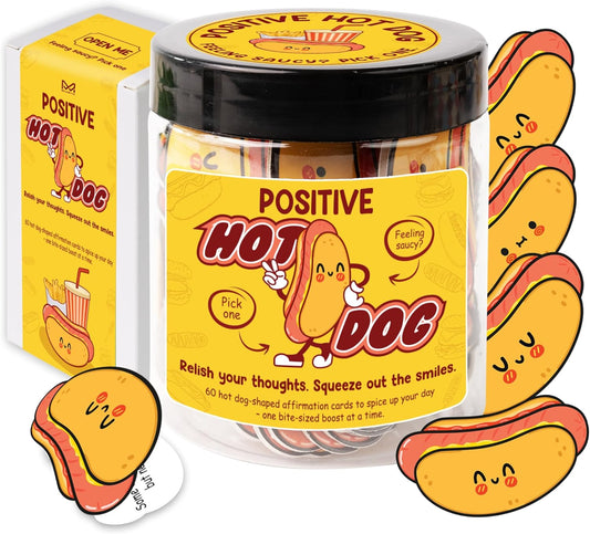 Positive Hot Dog Jar, Emotional Supports Jar, 60 Affirmation Cards Cheer Up Funny Gag Gifts for Best Friend Birthday Women Teacher, Feel Better Gifts for Women
