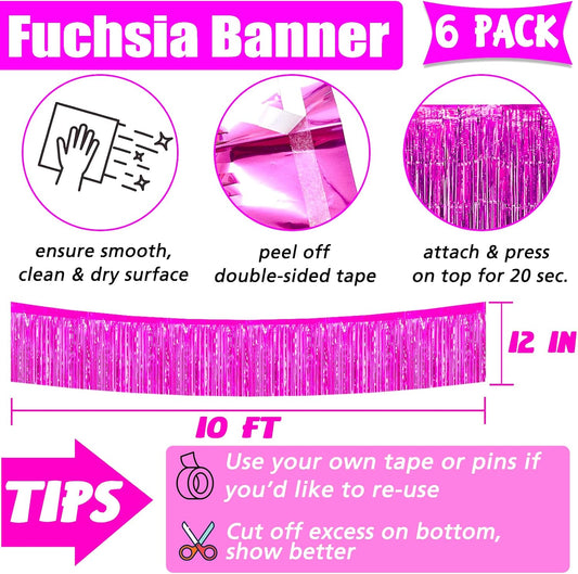 6 Pack 10 Feet Foil Fringe Garland Metallic Tinsel Banner Wall Hanging Curtain Streamers Backdrop for Parade Floats Bachelorette Wedding Birthday Party Thanksgiving Christmas Decorations(Fuchsia)