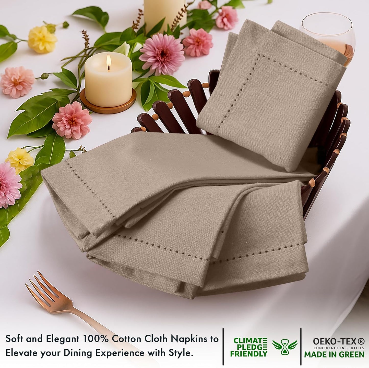 Ruvanti Cloth Napkins - 100% Cotton Dinner Napkins, Hem Stitched Corners, 18x18 Inch, 12 Pack - Soft, Absorbent, Durable, Reusable, Wrinkle Resistant for Formal Dining & Everyday Use - Light Taupe