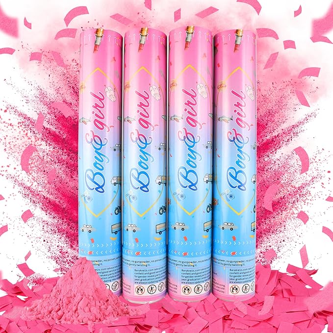 Gender Reveal Confetti Cannon,4 Pink Safty Corn Powder Smoke Party Poppers Shoots 20-25ft,12 inch Upgrade Firmware Baby Shower